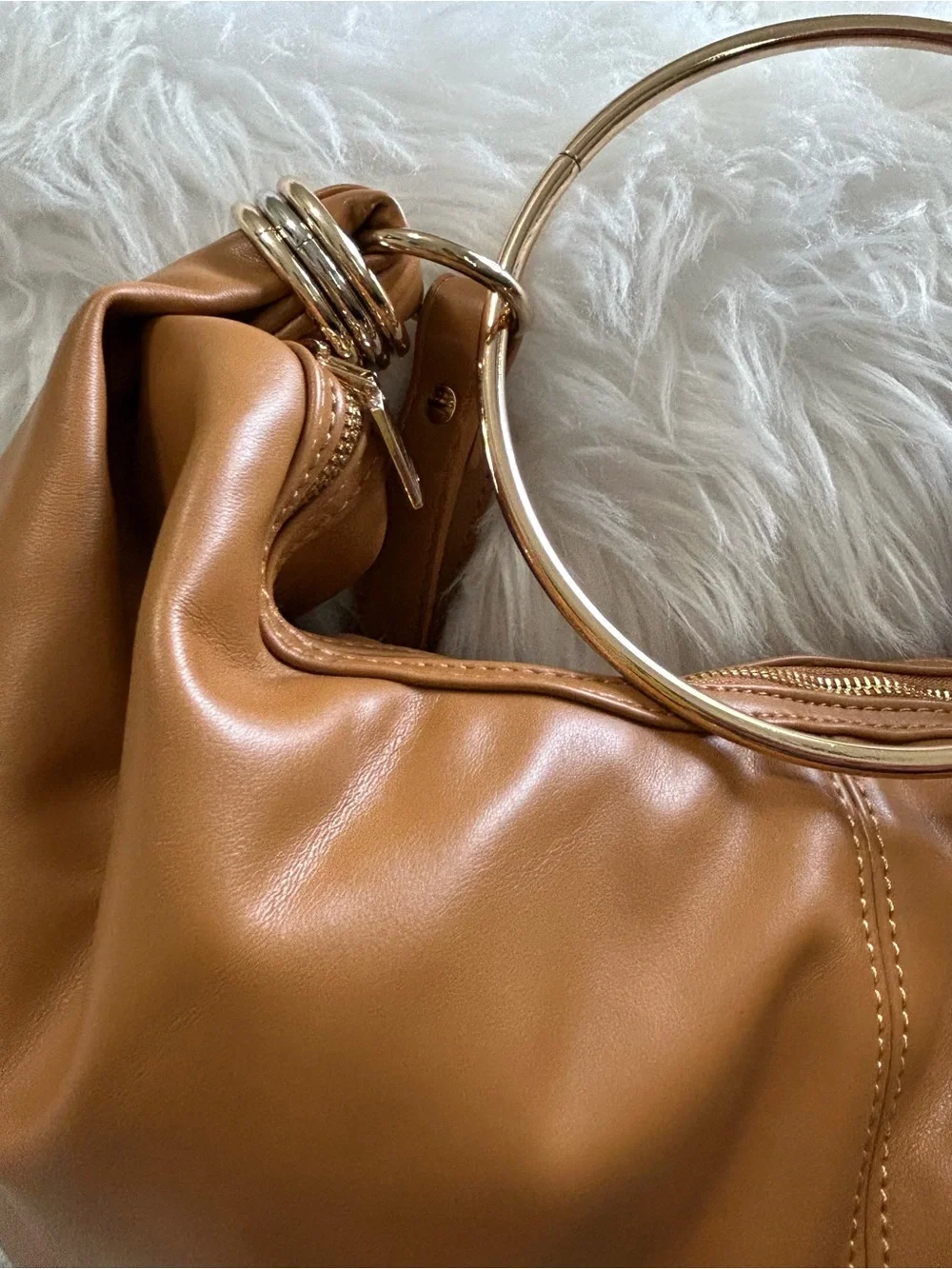 NWT Azura Modo Luxe Tan Leather Hobo  Crossbody Bag with Gold Ring Accent